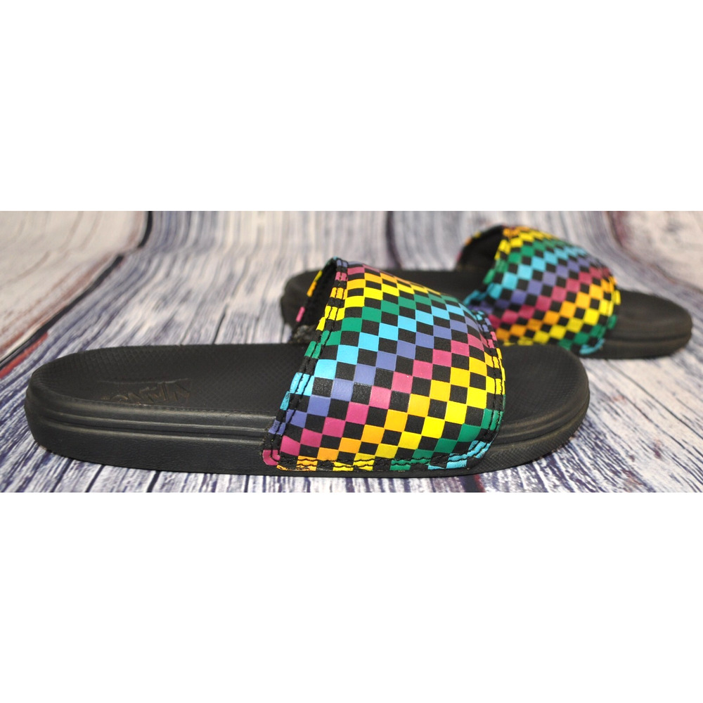 Vans Black Slide Sandals with Rainbow Checker Strap